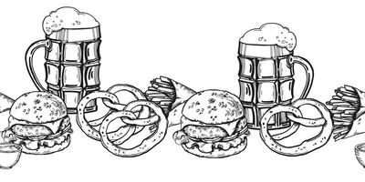illustration of beer snacks, hand drawn board glasses with beer and foam, hamburger, potato slices, pretzel, French fries, inked sketch for beer restaurant, pub, monochrome template border vector