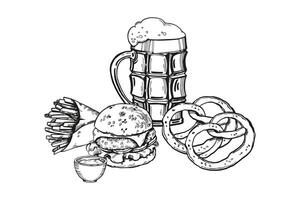 illustration of beer snacks, hand drawn composition with glasses with beer and foam, hamburger, pretzels, French fries, sauce, inked sketch for beer restaurant, pub, monochrome template vector