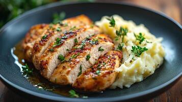 Grilled chicken breast served with creamy mashed potatoes and parsley garnish photo