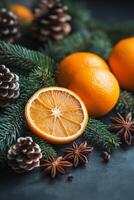 Refreshing beverage with dried oranges and spices on a green tabletop with festive decorations photo