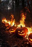 Glowing jack-o'-lanterns with flames illuminating a dark forest path during Halloween night photo