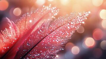 Close-up of a pink feather with dew drops glistening in soft light at dawn photo