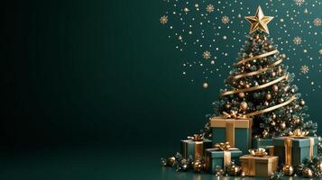 Elegant Christmas tree adorned with golden decorations and gifts under sparkling lights photo