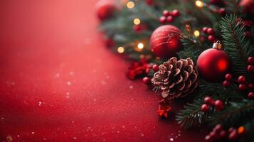 Sparkling red Christmas ornaments arranged in snow against a festive red background photo