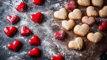 Heart-shaped cookies decorated with icing and sprinkles on a wooden table photo