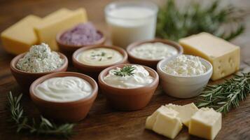 Freshly made cottage cheese and milk in rustic bowls on a wooden table photo