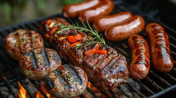 Grilling flavorful sausages and meats over an open flame at a summer barbecue gathering photo