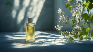 Glass bottle with essential oil resting on a stone surface in natural light photo