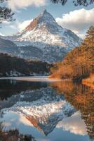 Majestic mountain reflected in calm lake surrounded by autumn foliage at sunset photo