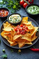Nachos with fresh toppings and sauces served on a dark backdrop photo