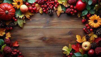 Embracing autumn with vibrant leaves, pumpkins, and berries arranged on a rustic wooden table photo