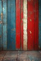 Rustic wooden floor with bold rays and a red circle on a weathered wall background photo