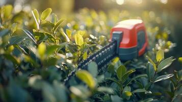 Cutting through lush green foliage with a hedge trimmer in the late afternoon sun photo