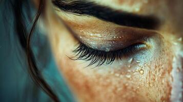 Close-up of a persons eye with soft makeup under natural light photo