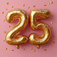 Golden number balloons celebrating a milestone birthday on a vibrant pink background photo