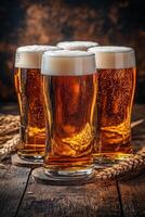 Refreshing craft beer served in tall glasses with barley on a rustic wooden table photo
