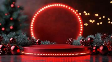 Vibrant red circular display with glowing lights against a festive background in a dim setting photo