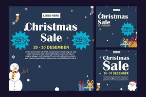 Square set. Discount promotion template in Christmas Winter Holidays with gift gift elements, snowman and falling snow. Suitable for social media posts, mobile apps, banner and web design, internet vector