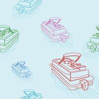 Editable Outline Style Top Oblique Back View Various Colors American Pontoon Boat Vectorized Illustration Seamless Pattern for Creating Background of Transportation or Recreation Related Design vector