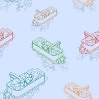 Editable Outline Style Three-Quarter Top Oblique View American Pontoon Boat on Wavy Lake Vectorized Illustration Seamless Pattern for Creating Background of Transportation or Recreation Related Design vector