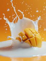 mango in splashing milk on a orange background photo