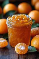 Homemade mandarin orange marmalade in a jar with fresh fruit on a wooden table photo