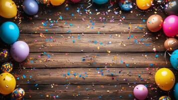 Colorful balloons and confetti arranged on a wooden table for a festive celebration photo