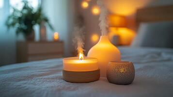 Cozy evening ambiance with candles and diffusers in a relaxing bedroom setting photo