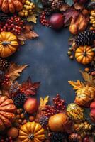 Colorful autumn harvest display with pumpkins, apples, and vibrant foliage on wooden surface photo