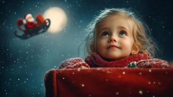 A child gazes in awe at Santa's sleigh flying through a starry night sky photo