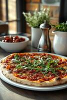 Delicious pizza topped with fresh vegetables served in a cozy restaurant setting photo