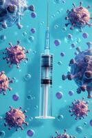 Syringe surrounded by virus particles symbolizing vaccination efforts against disease outbreaks photo
