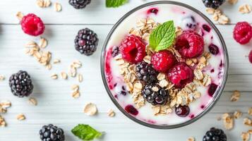 Smooth berry yogurt parfaits topped with oats and mint on a rustic wooden surface photo