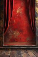 Intricately designed theatre stage with red curtains and wooden floor in a dimly lit setting photo