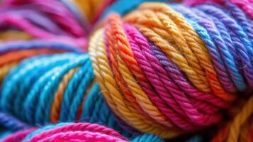 A vibrant assortment of colorful yarn balls is stacked neatly atop one another photo