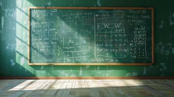 Green chalkboard in an empty classroom photo