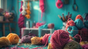 Tangled skeins of yarn on a table photo