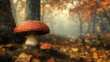 A red mushroom sits in the middle of a forest photo