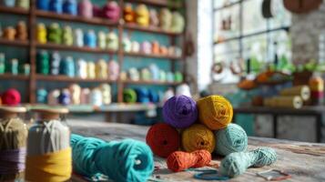 Tangled skeins of yarn on a table photo
