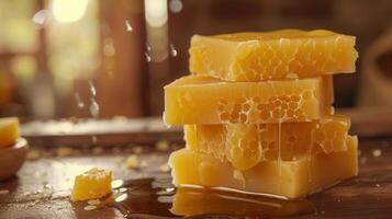Natural beeswax advertising background with honeycomb photo