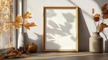 Autumn mood frame mockup with orange leaves photo