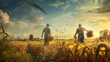 Farm Workers Portrait on the wheat field background photo