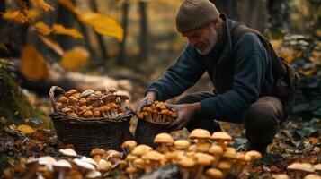 A person is carefully picking fresh mushrooms photo