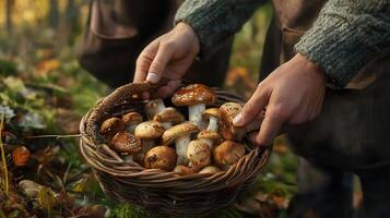 A person is carefully picking fresh mushrooms photo