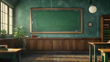 Green chalkboard in an empty classroom photo