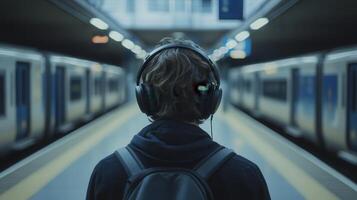 Person in headphones listening to language podcasts while commuting photo