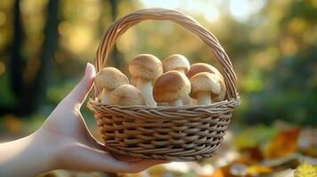 A person is carefully picking fresh mushrooms photo