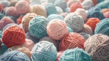 An ssortment of colorful yarn balls is stacked neatly atop one another photo