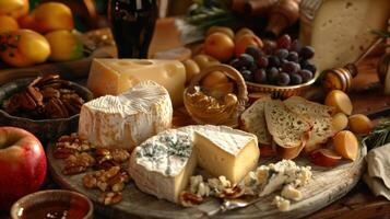 Elegant cheese board featuring a variety of artisan cheeses photo