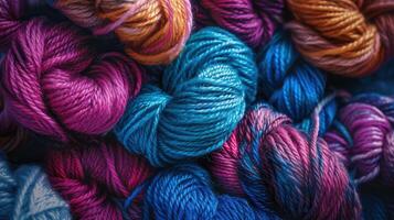 A vibrant assortment of colorful yarn balls is stacked neatly atop one another photo